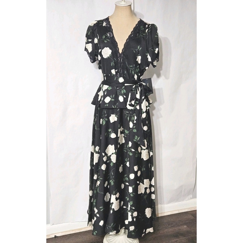 Taylor Women's Black Floral Short Sleeve V-neck Tie Waist Peplum Maxi Dress - Picture 4 of 16